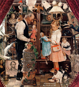 Norman Rockwell - April Fool (Girl with Shopkeeper, Curiosity Shop), 1948