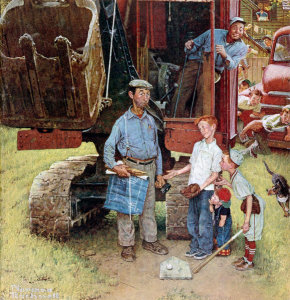 Norman Rockwell - Construction Crew (Bulldozer and Baseball Game, Home Plate), 1954