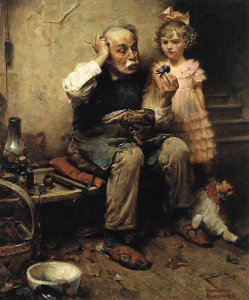 Norman Rockwell - Cobbler Studying Doll's Shoe, 1921